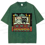 Unisex Vintage Cat Printed Washed Tee