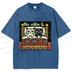 Unisex Vintage Cat Printed Washed Tee