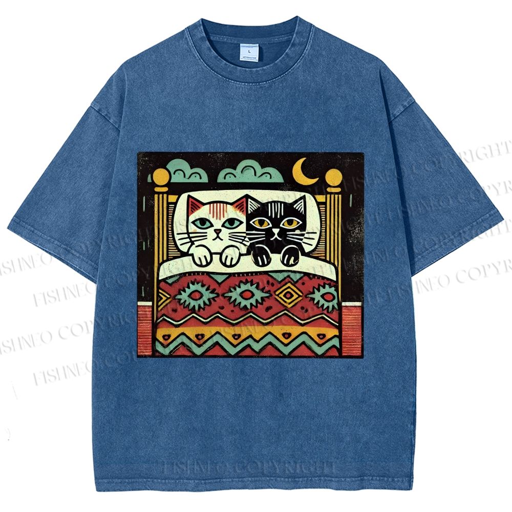 Unisex Vintage Cat Printed Washed Tee