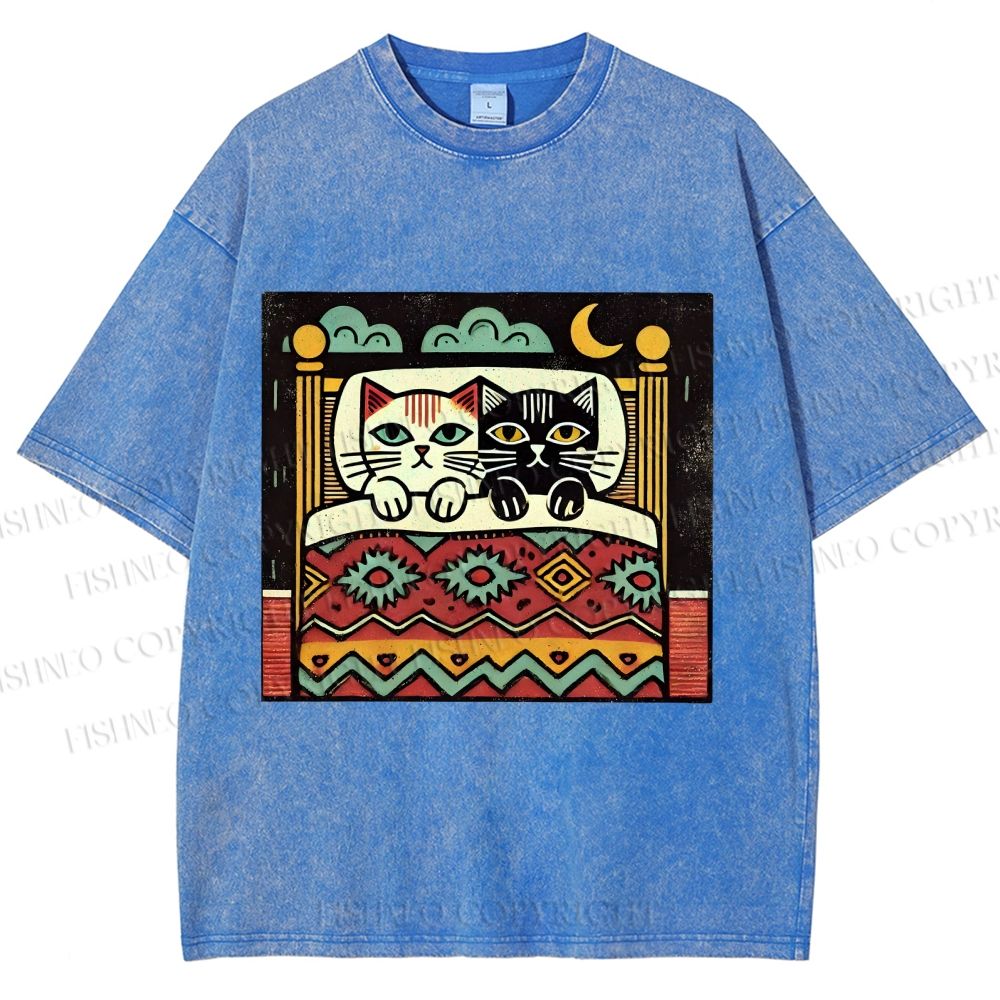 Unisex Vintage Cat Printed Washed Tee