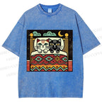 Unisex Vintage Cat Printed Washed Tee