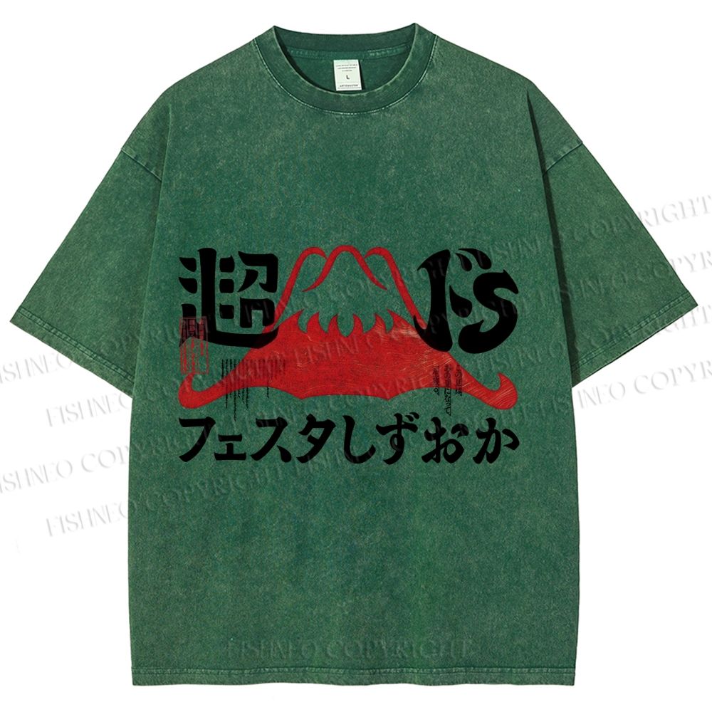 Unisex Vintage Japanese Mount Fuji Printed Washed Tee