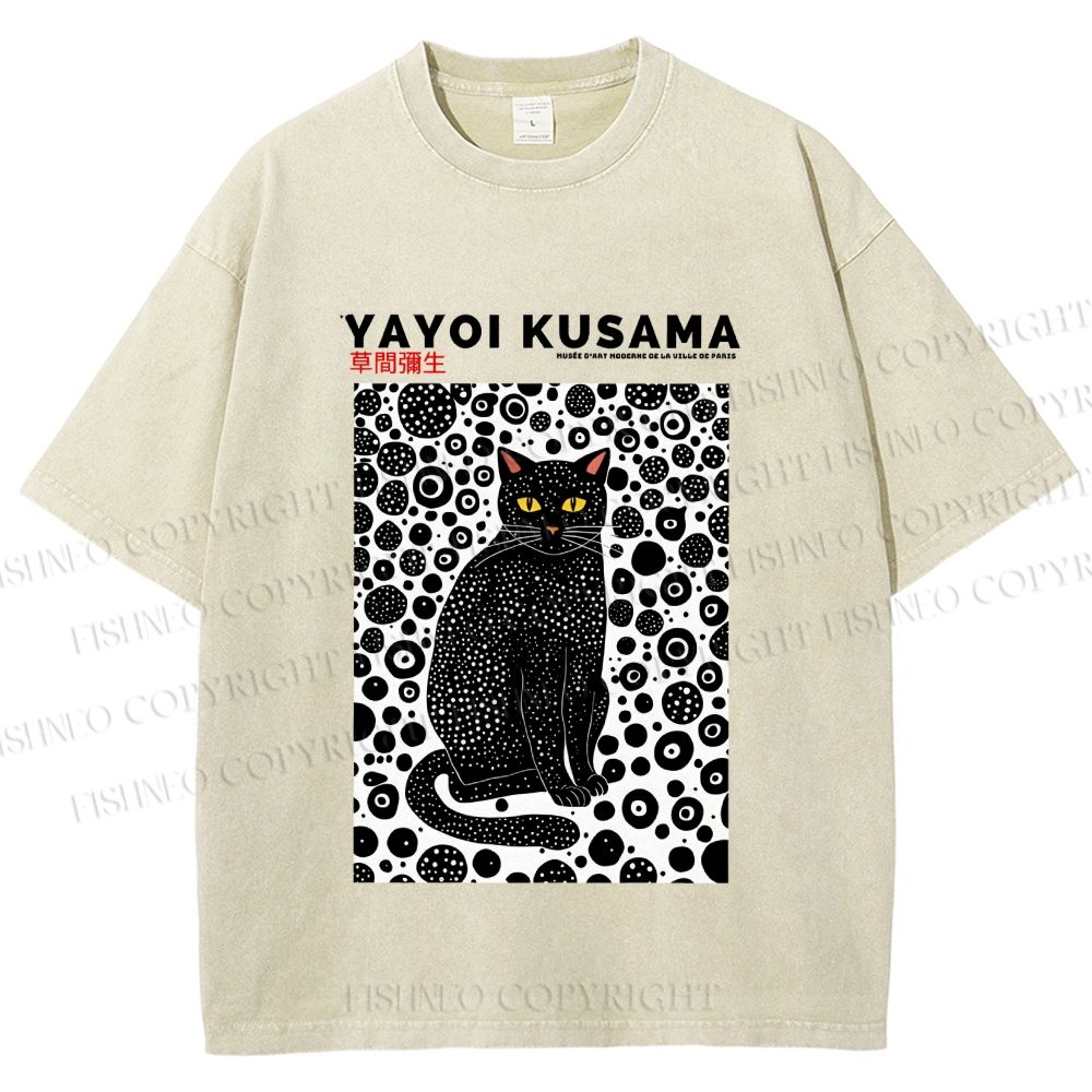 Unisex Japanese Yayoi Kusama Cat Printed Washed Tee