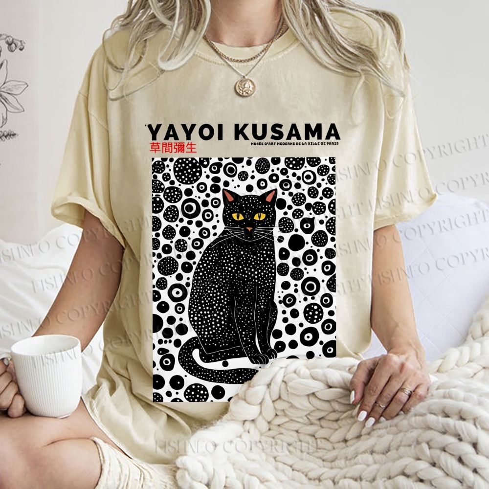 Unisex Japanese Yayoi Kusama Cat Printed Washed Tee