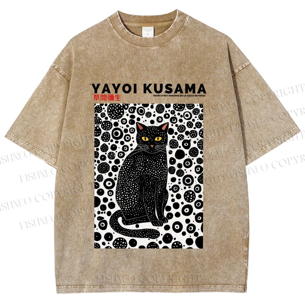 Unisex Japanese Yayoi Kusama Cat Printed Washed Tee