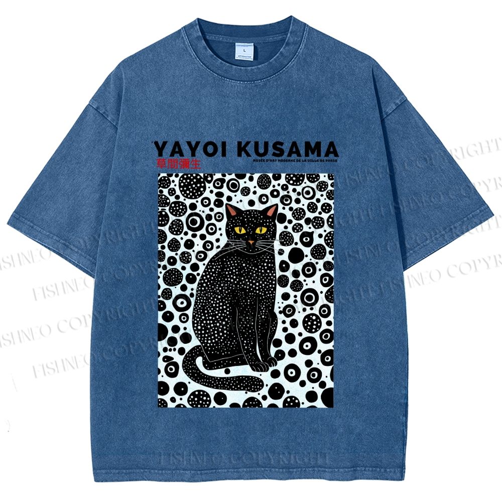 Unisex Japanese Yayoi Kusama Cat Printed Washed Tee