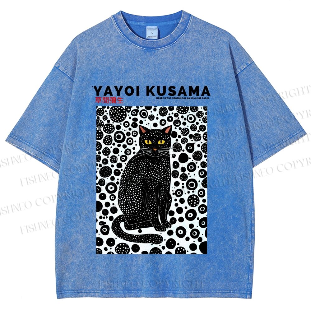 Unisex Japanese Yayoi Kusama Cat Printed Washed Tee