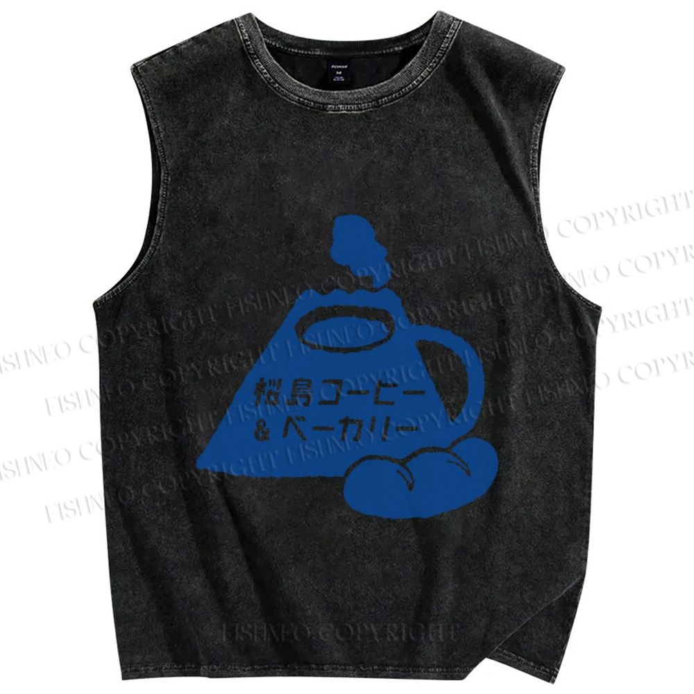 Unisex Vintage Japanese Fuji Bread Printed Washed Tank Top