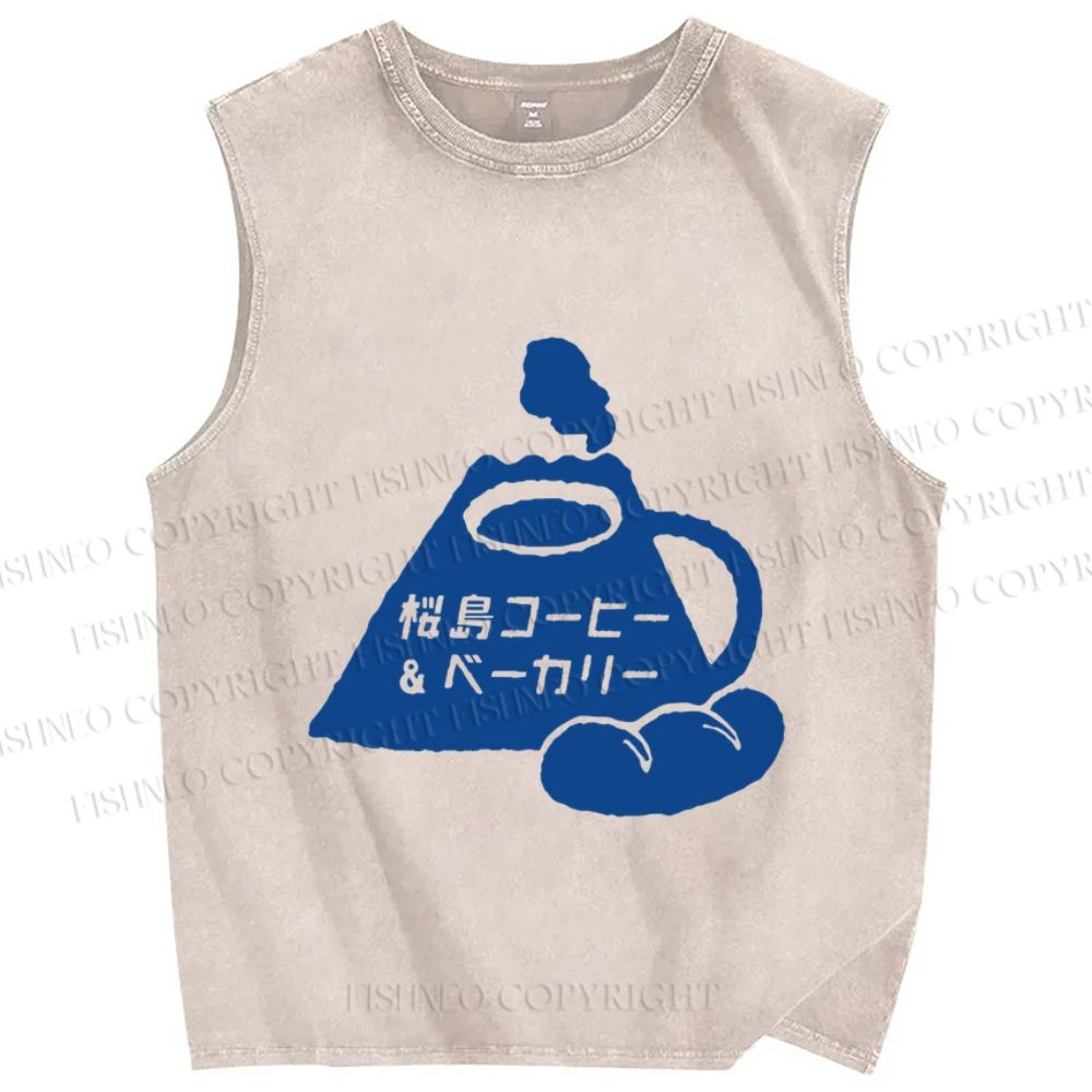 Unisex Vintage Japanese Fuji Bread Printed Washed Tank Top