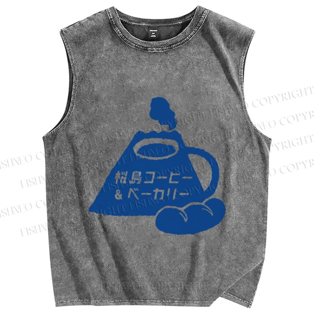 Unisex Vintage Japanese Fuji Bread Printed Washed Tank Top