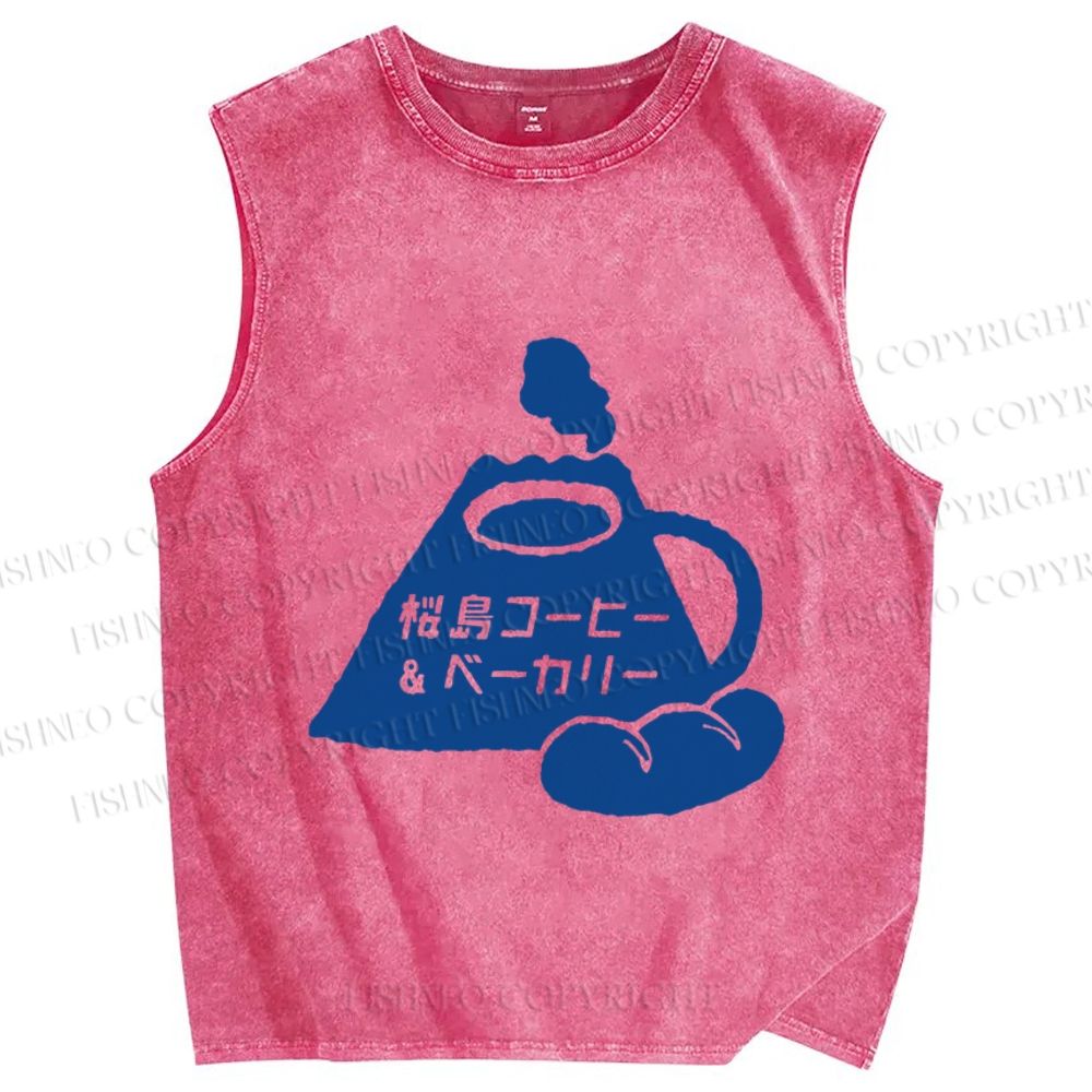 Unisex Vintage Japanese Fuji Bread Printed Washed Tank Top