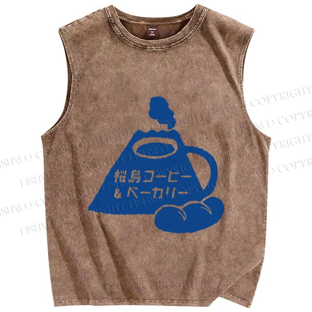 Unisex Vintage Japanese Fuji Bread Printed Washed Tank Top