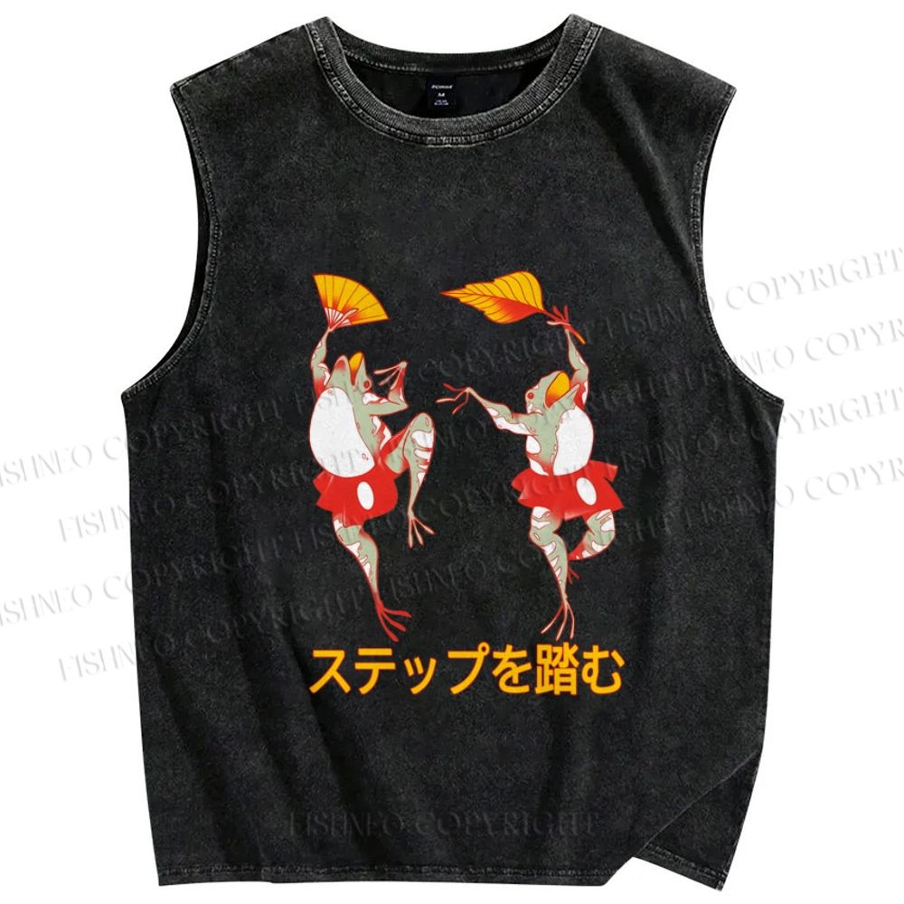 Unisex Vintage Japanese Dancing Frog Printed Washed Tank Top