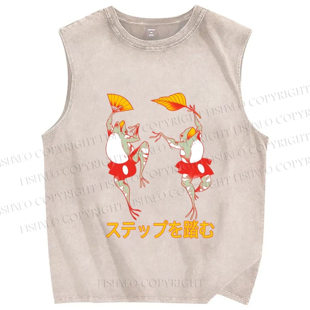 Unisex Vintage Japanese Dancing Frog Printed Washed Tank Top