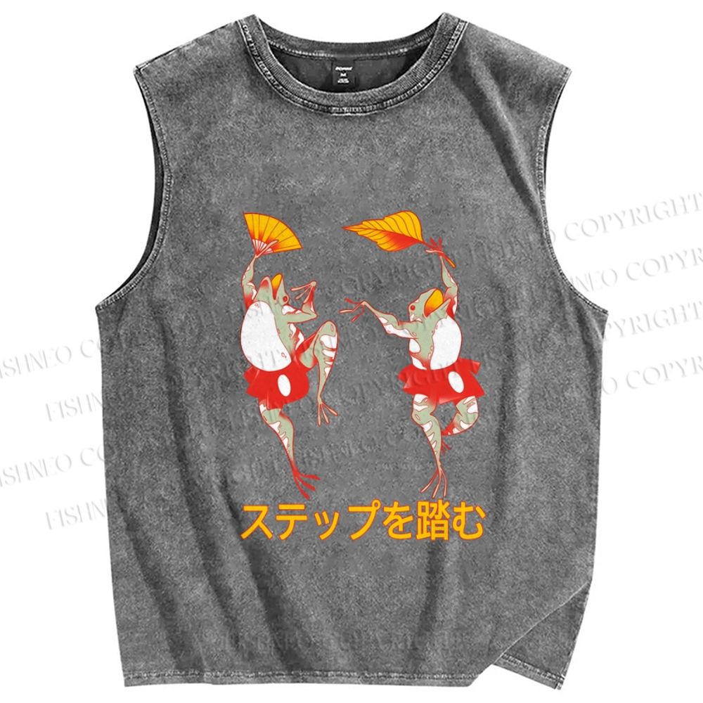 Unisex Vintage Japanese Dancing Frog Printed Washed Tank Top