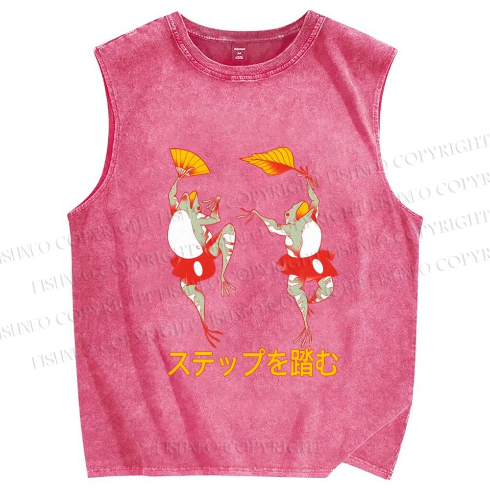 Unisex Vintage Japanese Dancing Frog Printed Washed Tank Top