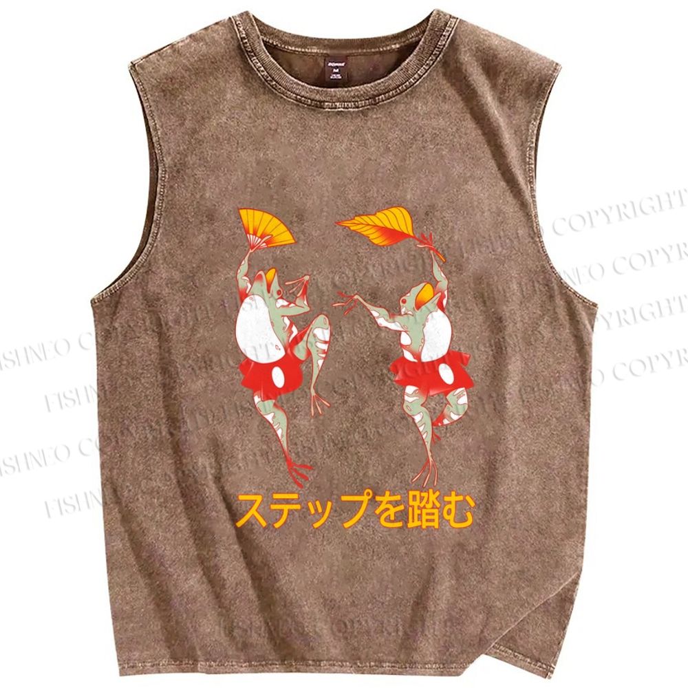 Unisex Vintage Japanese Dancing Frog Printed Washed Tank Top