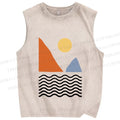 Unisex Lines Sea Wave Sun Mount Printed Washed Tank Top