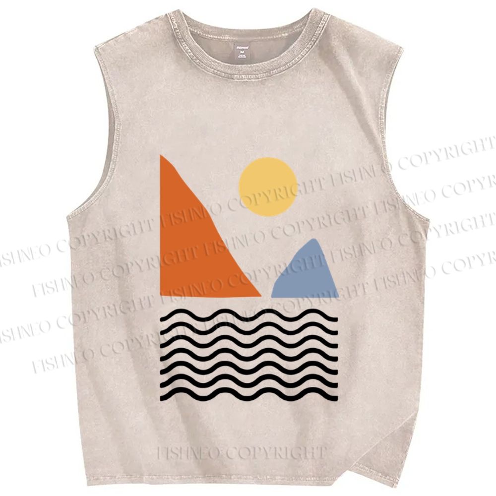 Unisex Lines Sea Wave Sun Mount Printed Washed Tank Top