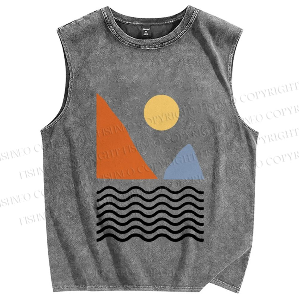 Unisex Lines Sea Wave Sun Mount Printed Washed Tank Top