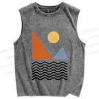 Unisex Lines Sea Wave Sun Mount Printed Washed Tank Top