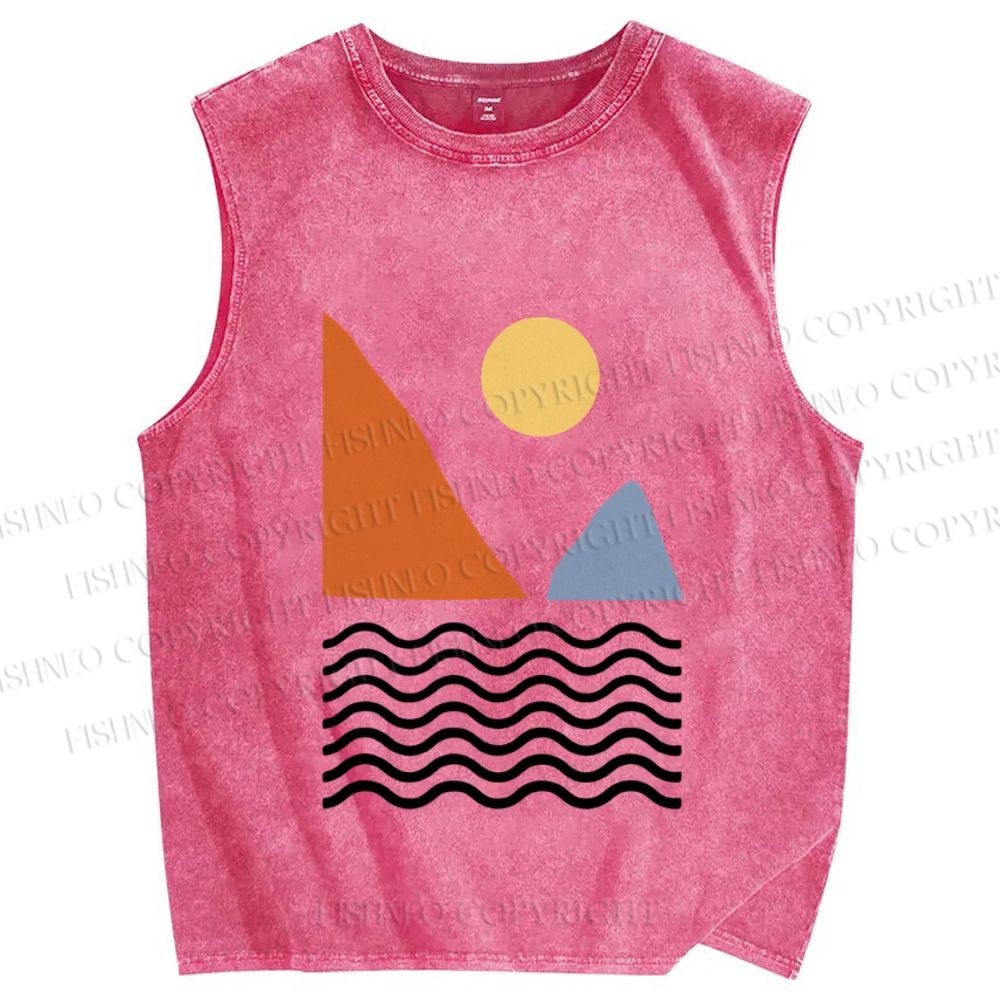 Unisex Lines Sea Wave Sun Mount Printed Washed Tank Top