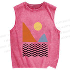 Unisex Lines Sea Wave Sun Mount Printed Washed Tank Top