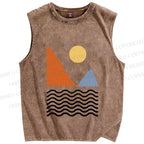 Unisex Lines Sea Wave Sun Mount Printed Washed Tank Top