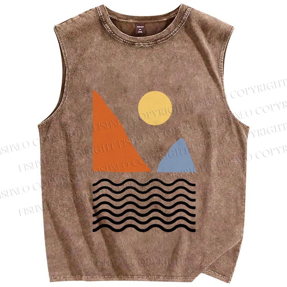 Unisex Lines Sea Wave Sun Mount Printed Washed Tank Top