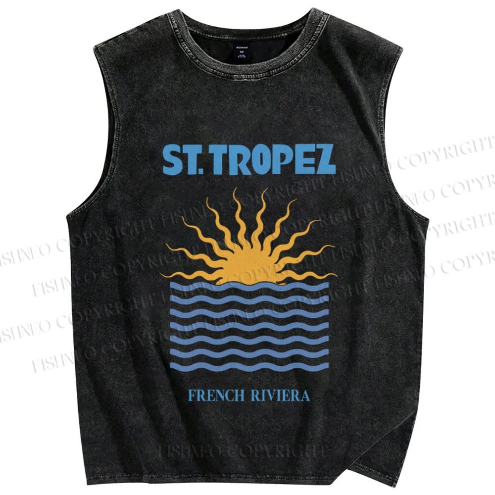 Unisex Sunrise Sea Wave Printed Washed Tank Top