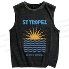 Unisex Sunrise Sea Wave Printed Washed Tank Top