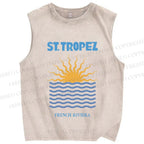 Unisex Sunrise Sea Wave Printed Washed Tank Top