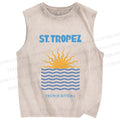 Unisex Sunrise Sea Wave Printed Washed Tank Top