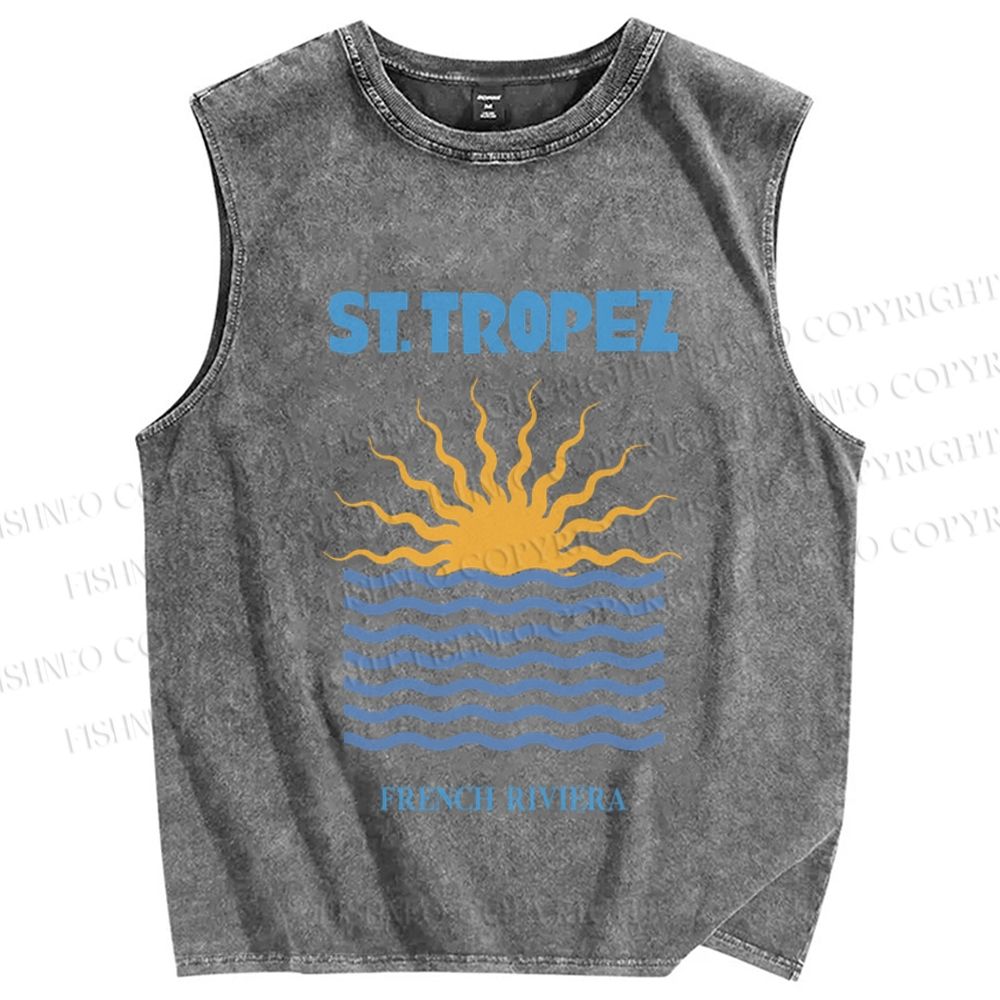 Unisex Sunrise Sea Wave Printed Washed Tank Top