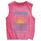 Unisex Sunrise Sea Wave Printed Washed Tank Top