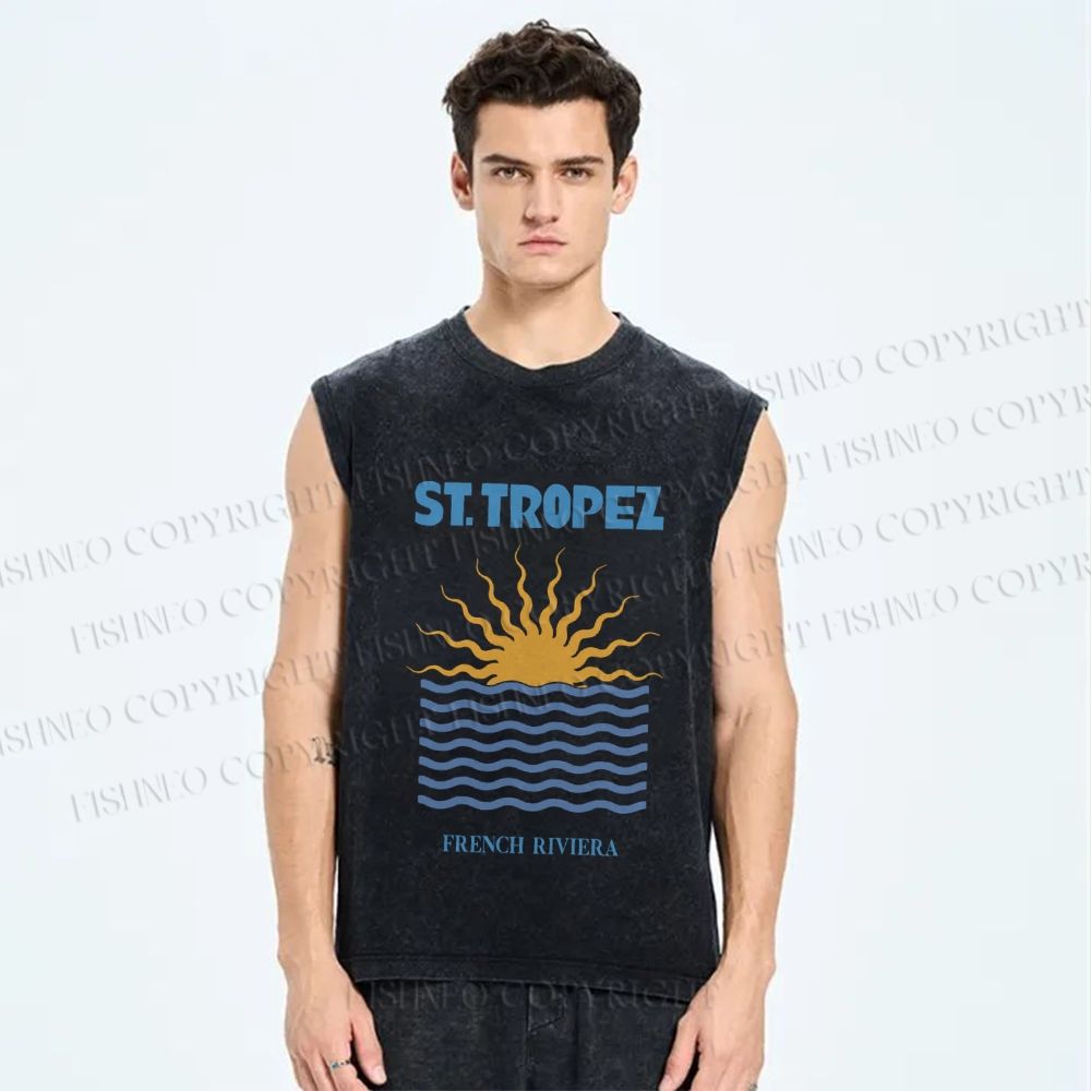 Unisex Sunrise Sea Wave Printed Washed Tank Top