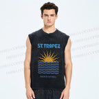 Unisex Sunrise Sea Wave Printed Washed Tank Top