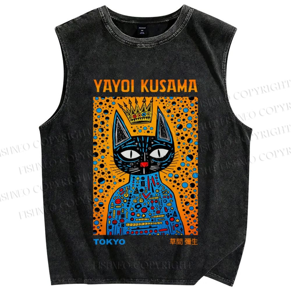 Unisex Japanese Yayoi Kusama Cat Printed Washed Tank Top