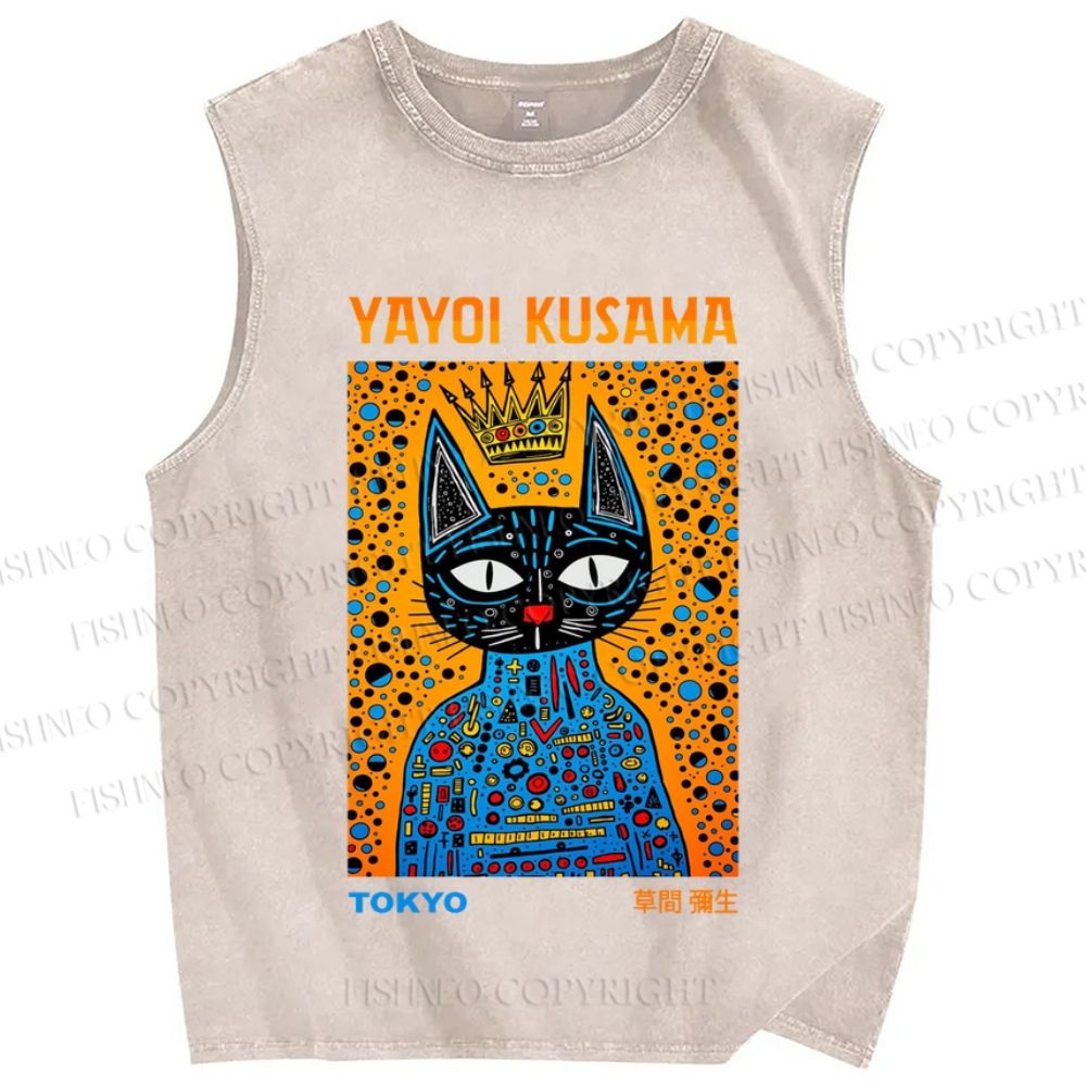 Unisex Japanese Yayoi Kusama Cat Printed Washed Tank Top
