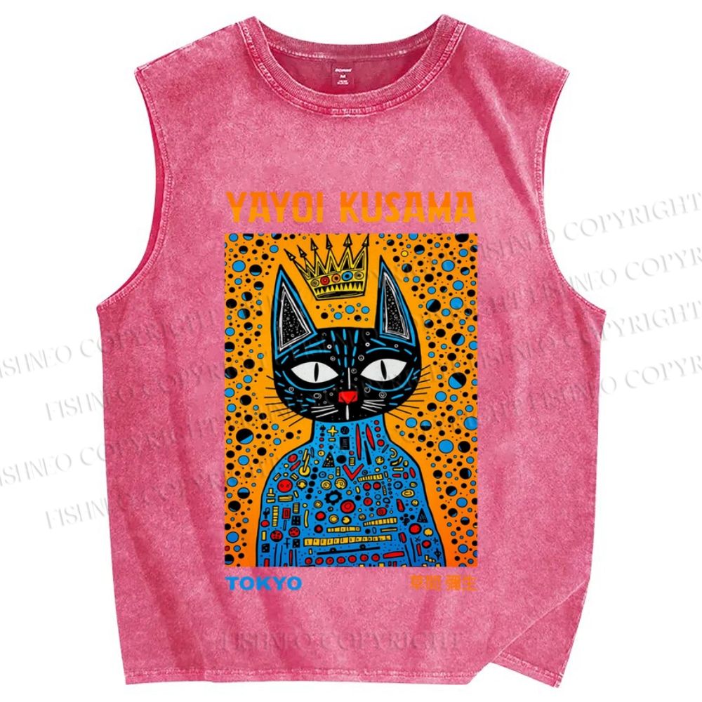 Unisex Japanese Yayoi Kusama Cat Printed Washed Tank Top