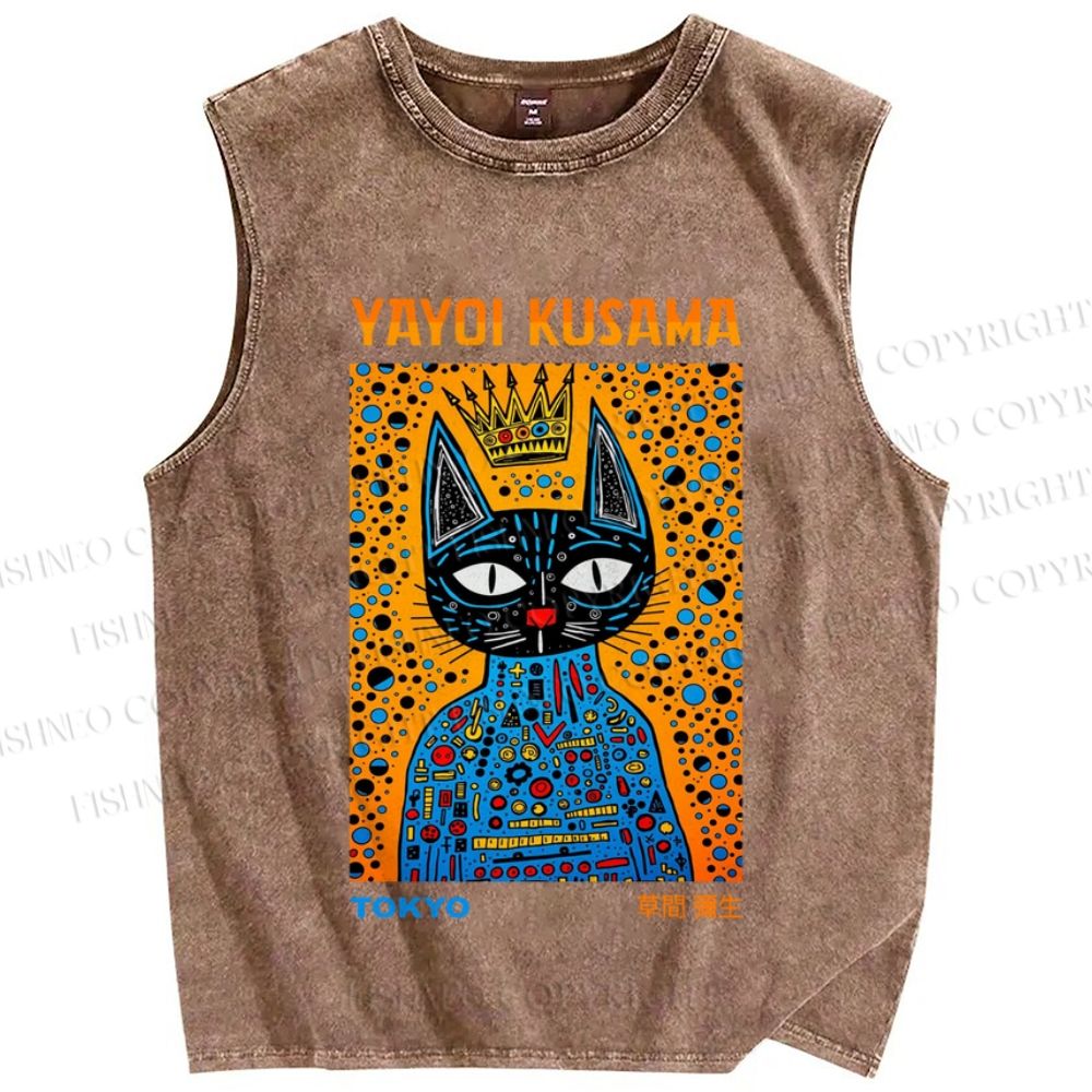 Unisex Japanese Yayoi Kusama Cat Printed Washed Tank Top