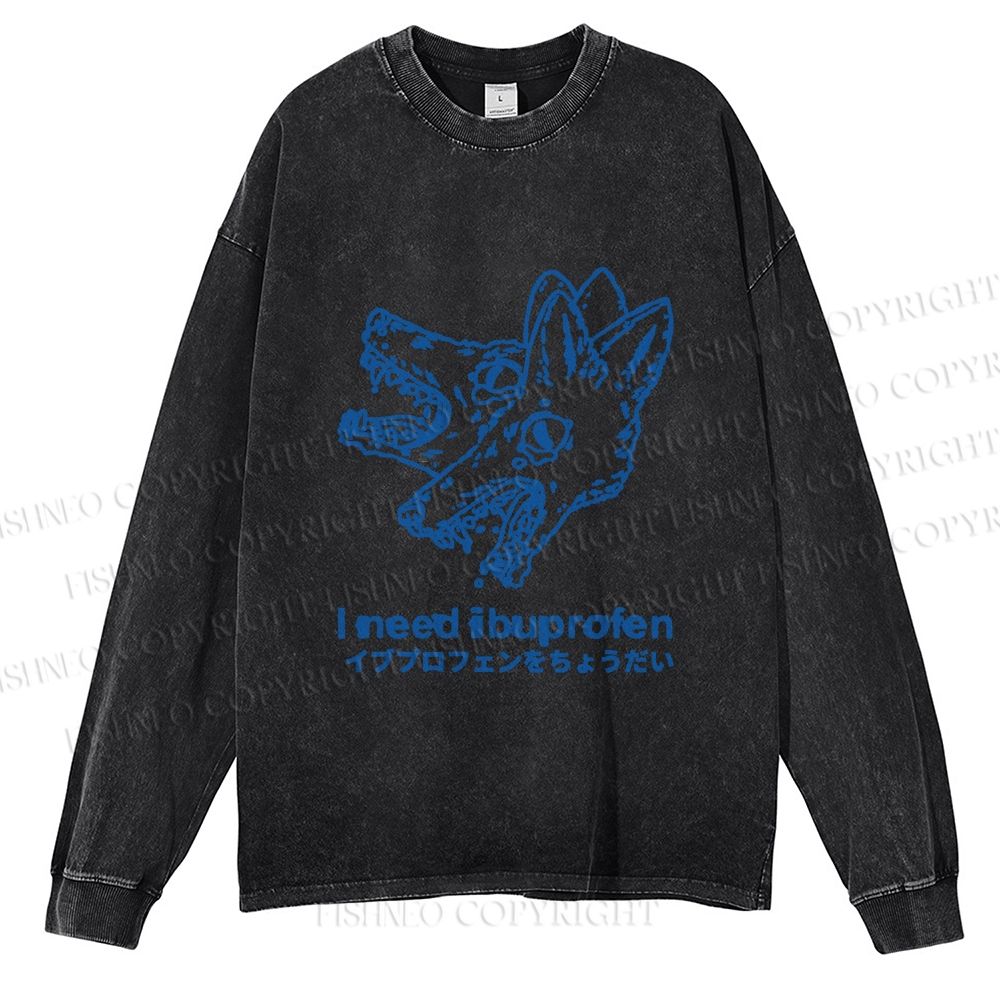 Unisex I need ibuprofen Wolf Vintage Casual Washed Printed Long Sleeve T-shirt