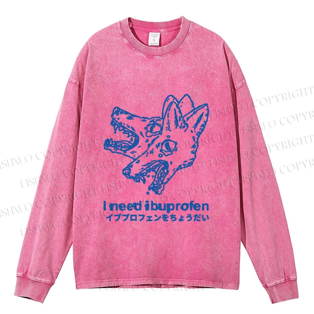 Unisex I need ibuprofen Wolf Vintage Casual Washed Printed Long Sleeve T-shirt