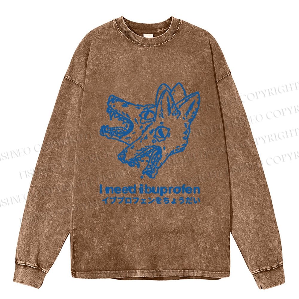 Unisex I need ibuprofen Wolf Vintage Casual Washed Printed Long Sleeve T-shirt