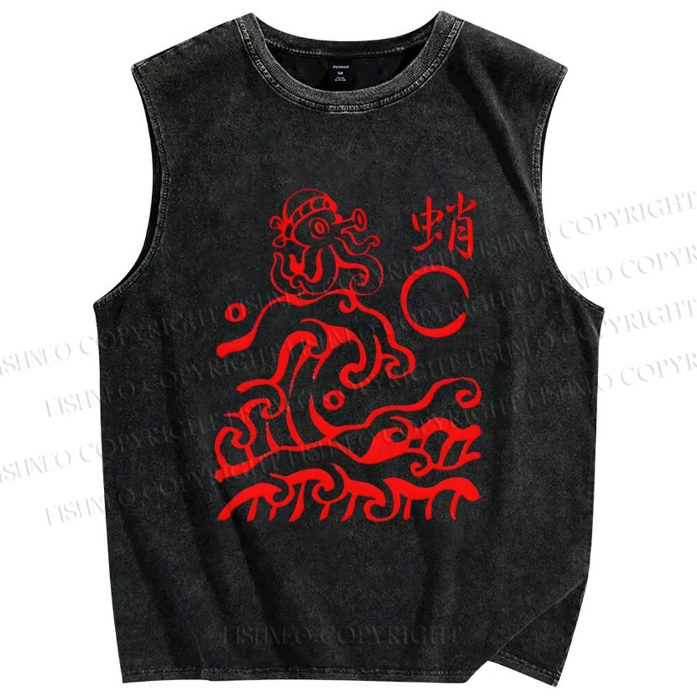 Unisex Ocean Waves Octopus Printed Washed Tank Top