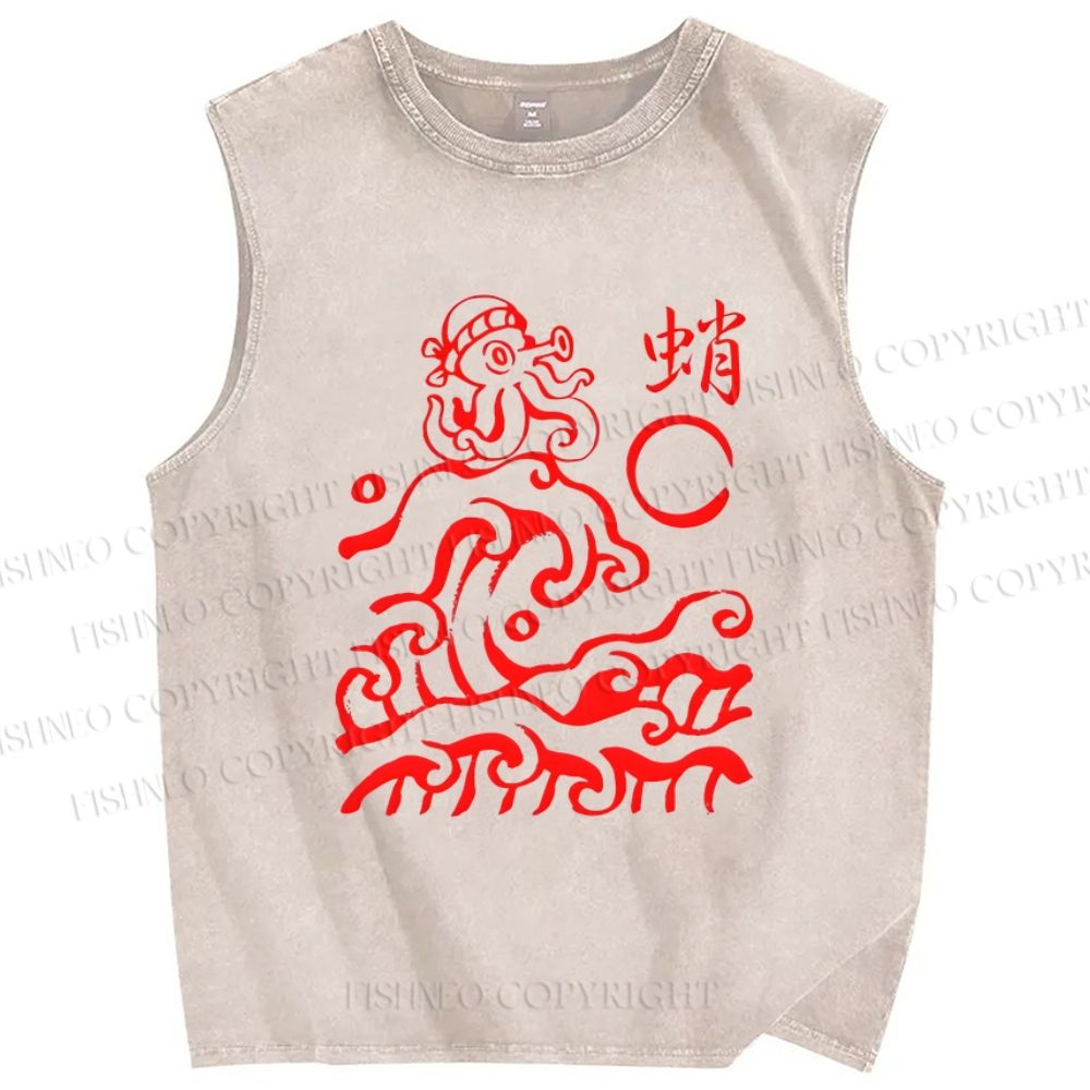 Unisex Ocean Waves Octopus Printed Washed Tank Top