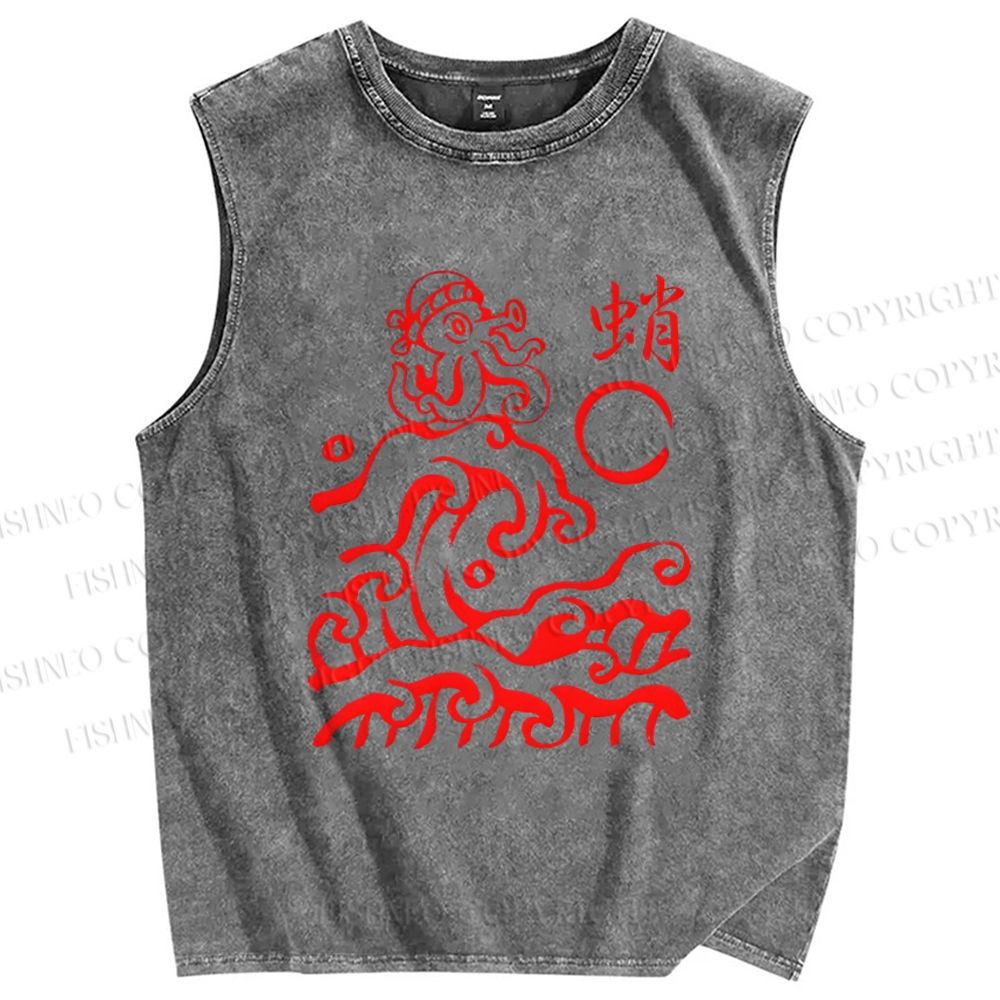 Unisex Ocean Waves Octopus Printed Washed Tank Top