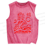 Unisex Ocean Waves Octopus Printed Washed Tank Top