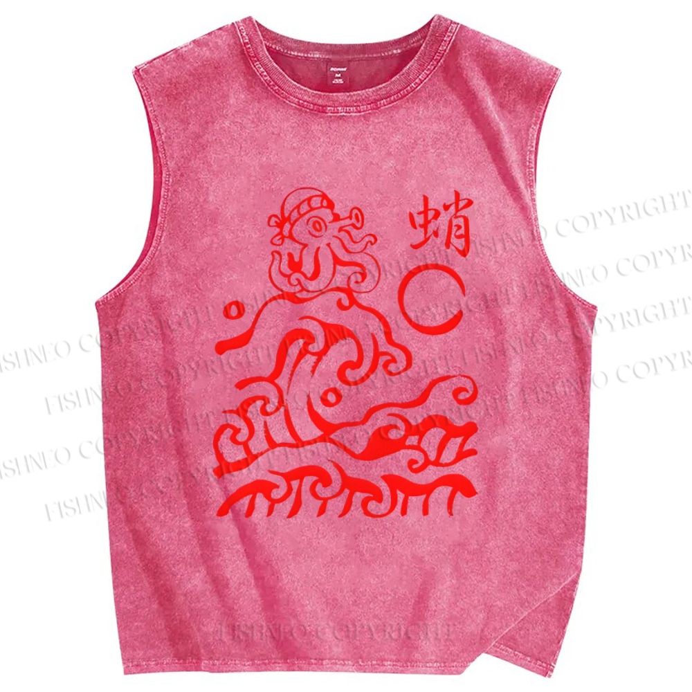 Unisex Ocean Waves Octopus Printed Washed Tank Top