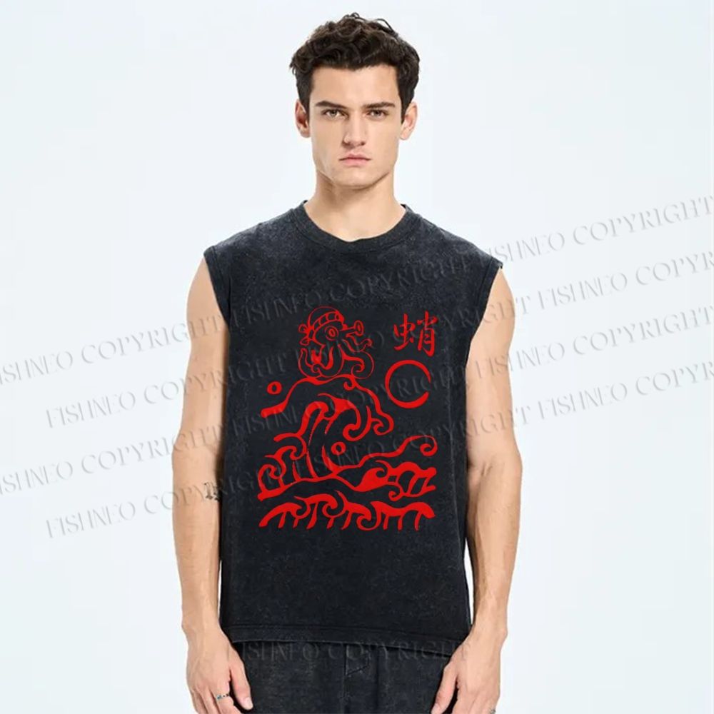 Unisex Ocean Waves Octopus Printed Washed Tank Top